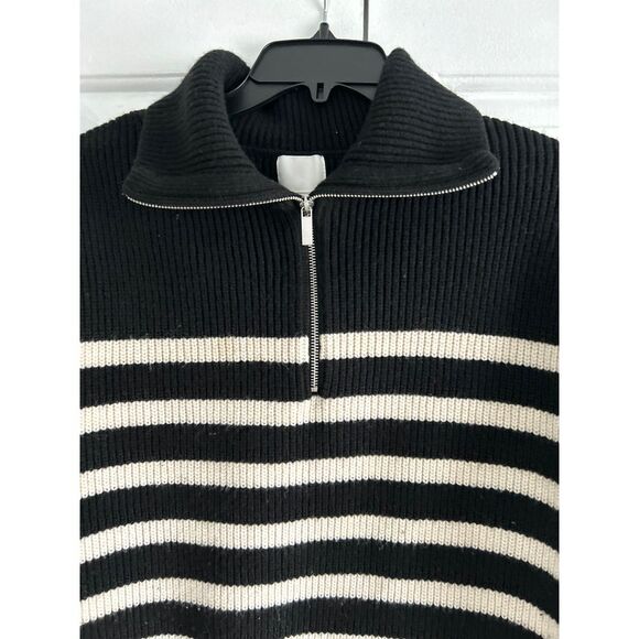 HM Chunky Knit Striped QuarterZip Sweater Black & White Nautical Ribbed Pullover - Picture 3 of 6